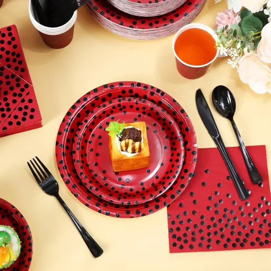 560 Pcs Red and Black Party Supplies for 80 Guests Disposable Tableware Set Red and Black Paper Plates Napkins Cups Black Plastic Forks Knives Spoons for Graduation Birthday Ladybug Party {4}
