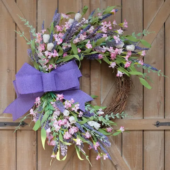18 Inch Summer Forsythia & Lavender Wildflower Wreath for Front Door &ndash; Rustic Farmhouse Artificial Flower Wreath with Burlap Bow for Indoor and Outdoor Home Decor {2}