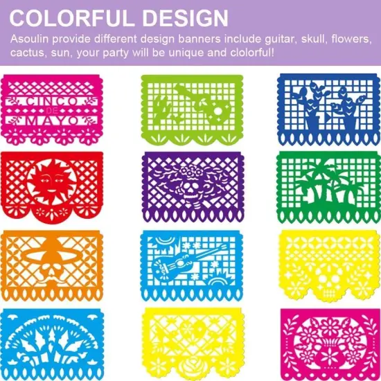 6PCS Mexican Party Banners, Cinco De Mayo Decoration Fiesta Party Decoration, Mexican Themed Party Decor 5 De Mayo Banner Plastic Papel Picado, Mexico Birthday Party Supplies -12 Patterns/90FT {4}