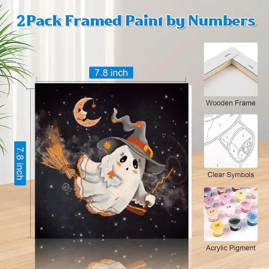 2 Pcs Halloween Paint by Numbers Kits for Kids Framed,Ghosts Adults' Paint-by-Number Kits on Canvas Easy Acrylic Oil Painting by Number for Adults Halloween for Home Decor 8x8 inchs {2}