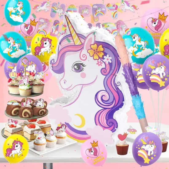 Unicorn Pinata Set for Birthday Party with Unicorn Pi&ntilde;ata, Banner, Balloon, Stick, Blindfold, Cupcake Toppers, 54 PCS Birthday Favors Decorations Supplies for Girls {4}