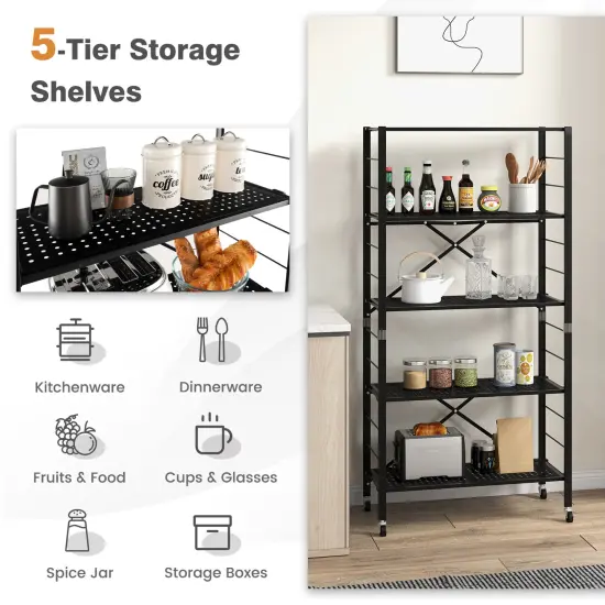 Black Metal Folding Storage Rack, Adjustable 5-Tier Shelf with Wheels {6}