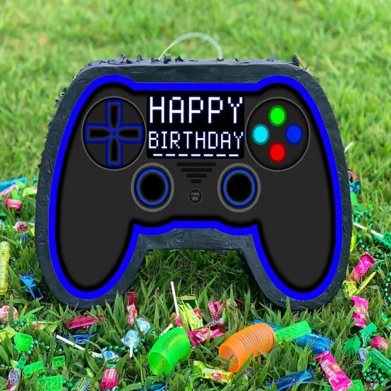Blue Video Game Controller Piñata (Small Stick Included) 17”x11”x 3” Perfect for Birthday Gamer Parties, Party Decor, Gaming theme parties and other Decorations - By Jergrim {2}