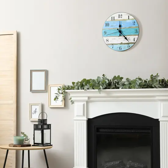Blue Wood Wall Clock Battery Operated 12 Inch (30 cm) - Silent Frameless Farmhouse & Beach Decor Analog Wall Clock for Bedroom, Kitchen, Office {1}