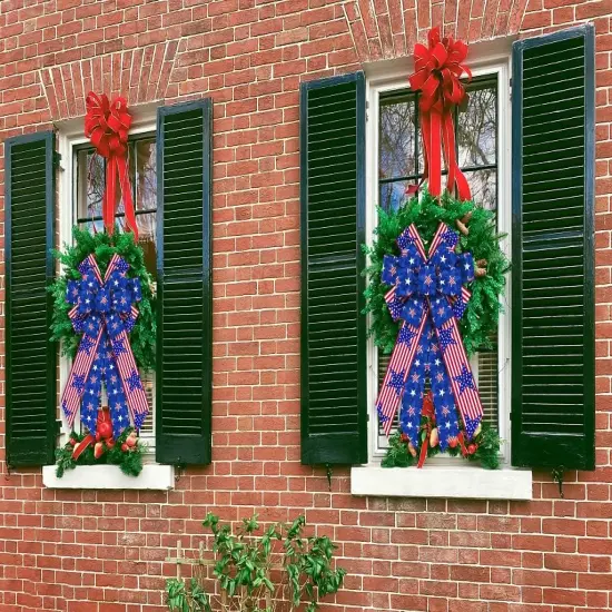 Large Patriotic Wreath Bows, 4th of July Red Blue White Stripe Bows for Wreath Patriotic Star Bows for Front Door Memorial Day America Flag Wreath Bows for Indooor Outdoor Fence Wall Decor {4}