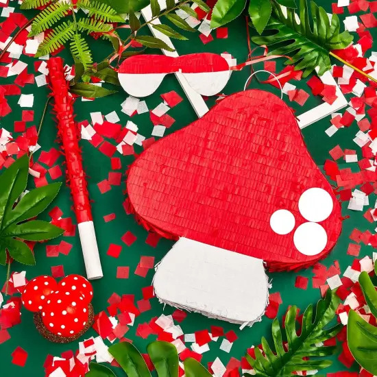 Mushroom Pi&ntilde;ata 3D Mushroom Shaped Pi&ntilde;ata Mushroom Party Favor with Blindfold Bat Confetti for Forest Jungle Fairy Theme Woodland Birthday Party Baby Shower Garden Decor, 14.9 x 14.1 x 2.95" {3}