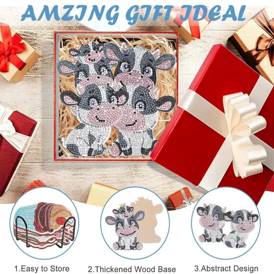 10 Pcs Sunflower Diamond Painting Coasters Kits with Holder DIY Sunflower Diamond Painting Coasters Kits Spring Diamond Painting Coasters for Beginners Adults and Kids Art Craft Supplies (Cow) {2}