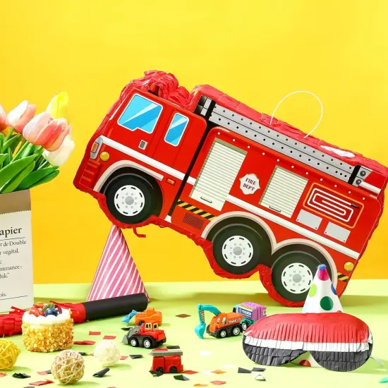 Fire Truck Pi&ntilde;ata with Hanging Loop Blindfold Bat and Confetti Filler for Kids Boys Firefighter Firetruck Theme Birthday Party Decorations Supplies {4}