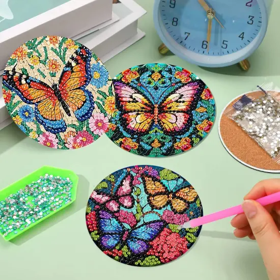 Diamond Painting Coasters Kits with Holder, DIY Butterfly Diamond Art Coaster Non Slip Coaster for Tabletop Protection 4x4 Inch {4}