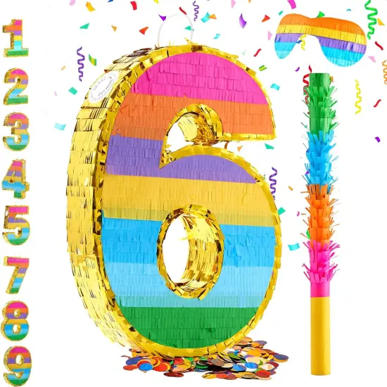 Rainbow Number 6 Pinata for 6th Birthday Party Decorations, Fiesta, Kids Anniversary Celebration, Birthday Pinata with Stick, Blindfold and Confetti (Small, 16.5 x 11.5 x 3 In) {1}