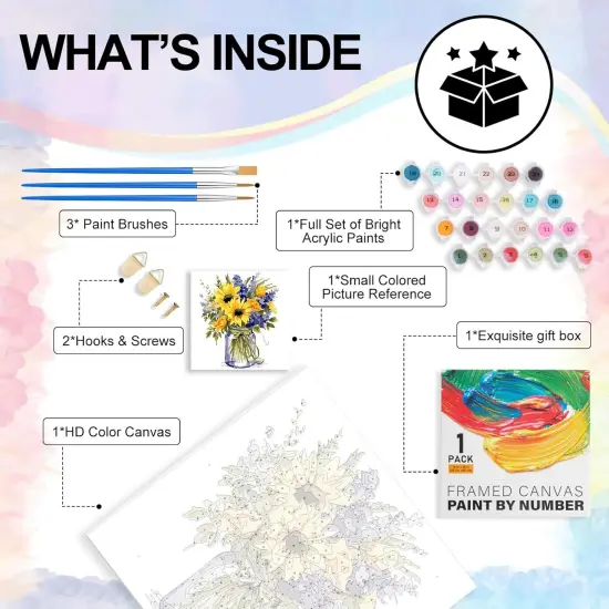 Flower Framed Paint by Numbers Kit for Adults Beginner & Kids Ages 8-12, Flowers Paint by Number Without Easel, DIY Adult Paint by Numbers Sunflower for Home Wall Decor Gift 10x 10 inch {3}