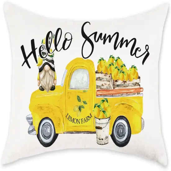 Hello Summer Throw Pillow Cover 12x20 Inch Yellow Truck Lemon Gnome Decorative Pillowcase Farmhouse Seasonal Lumbar Cushion Case for Sofa Couch Porch Home Decor {1}