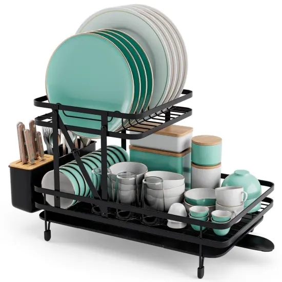 2-Tier Black Foldable Dish Drainer Rack with Retractable Spout and Removable Drip Tray {4}