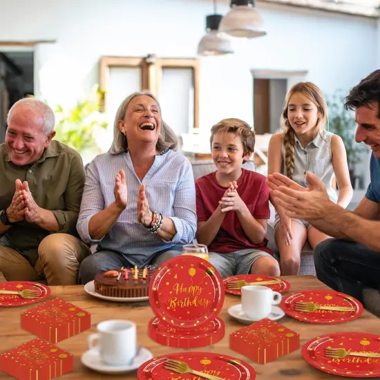 75Pcs Happy Birthday Red Glod Paper Plates and Napkins Party Supplies Set,Red Disposable Plates Party Supplies Includes Paper Napkins Forks Decorations {5}