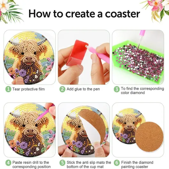 8 Pcs Diamond Art Painting Coasters Diamond Art Coasters with Holder, DIY Cow Coaster Diamond Painting Kits for Adults Beginners, Diamond Art Kits for Adults Arts and Crafts Supplies {3}