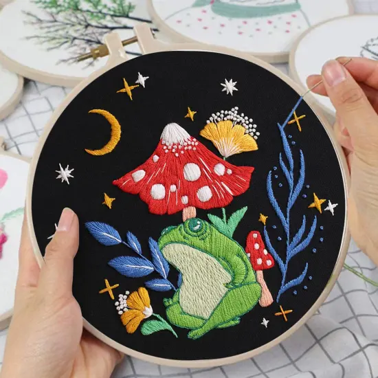 3 Sets Frog Embroidery Kits for Beginners,Cross Stitch Kit for Adults,Crewel Starters Needlepoint with Embroidery Hoop,Threads and Instruction {4}