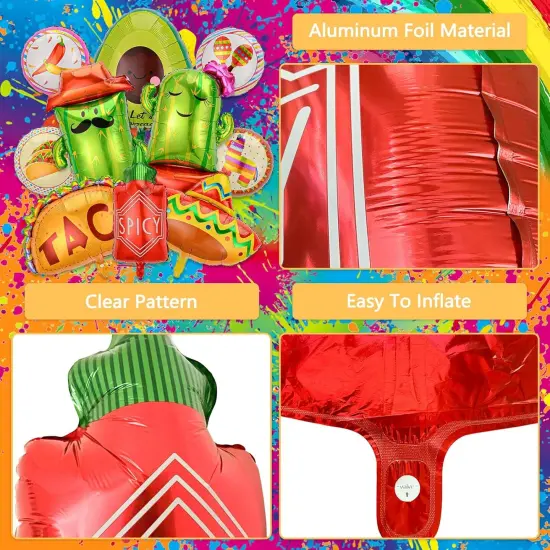 10 Pcs Fiesta Balloons Mexican Taco Cactus Avocado Sombrero Llama Spicy Bottle Foil Balloons Cinco De Mayo Fiesta Party Decorations {4}