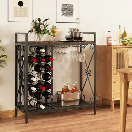 Rustic Brown Freestanding 21 Wine Bottle Organizer with Glass Holder and Metal Frame {2}