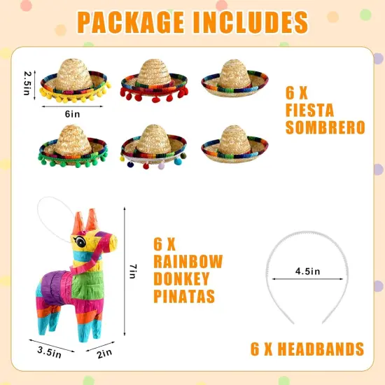 6 Pieces Mini Rainbow Donkey Pi&ntilde;ata 4 x 7 Inch and 6 Pieces Sombrero Hat headbands for Cinco De Mayo Mexican Decorations Carnivals Festivals Taco Tuesday Event Fiesta Supplies(Classic Style) {2}