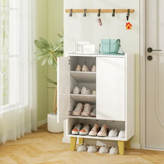 White Wooden 5-Tier Shoe Cabinet with Golden Legs and Flat Tilting Shelves {3}
