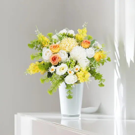 8Pcs Artificial Silk Rose Bouquet Yellow with Faux Lilac Floral Arrangements, White Flowers Picks for Home Table Centerpieces Summer Decorations {5}