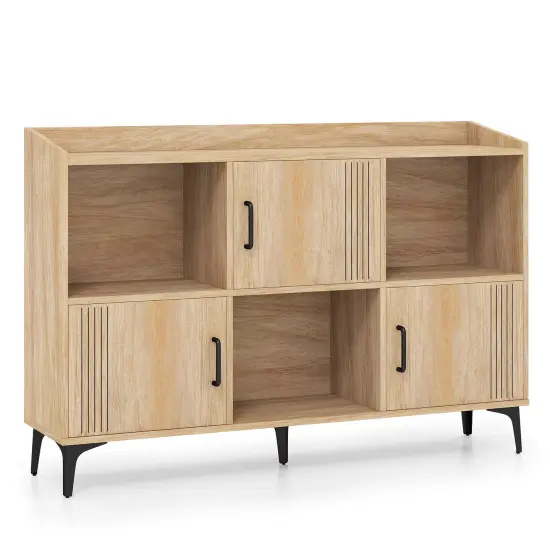 Oak Engineered Wood Cabinet, Metal Legs, Strip Design and Open Display {1}