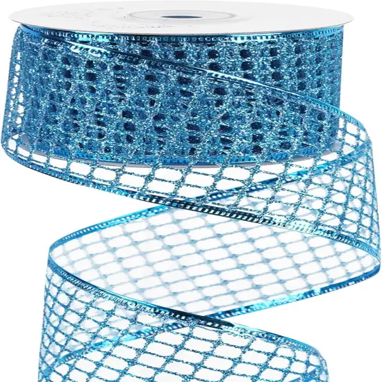 Blue Mesh Netting Ribbon - 2.5 Inch Sparkling Glamour Netted Turquoise Wired Mesh Ribbon {1}