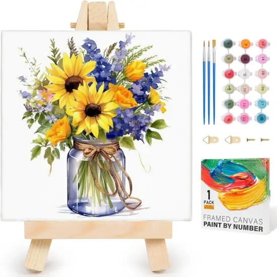 Flower Framed Paint by Numbers Kit for Adults Beginner & Kids Ages 8-12, Flowers Paint by Number Without Easel, DIY Adult Paint by Numbers Sunflower for Home Wall Decor Gift 10x 10 inch {1}