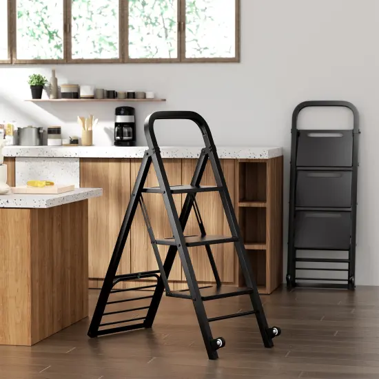 2 in 1 Black Metal Hand Truck and Step Ladder with Rubber Wheels and 3 Wide Pedals {2}