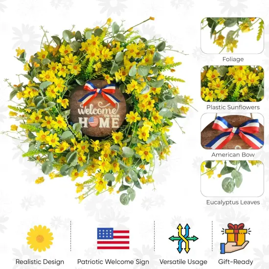 22" Yellow Daisy Wreath with Patriotic Welcome Sign &ndash; Handmade Summer Front Door Wreath with Realistic Silk & Plastic Flowers {3}