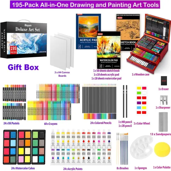Art Supplies,195 Pack Art Set Drawing Kit for Kids Teens Girls Boys Adult, Arts and Crafts Painting Kit, Art Kits Paint Set with Acrylic Pad, Sketchbooks, Watercolor Pad, Canvases, Gift Box {2}