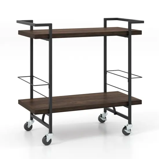 Rustic Brown Engineered Wood Metal 2-Tier Home Bar Cart and Easy Mobility {1}