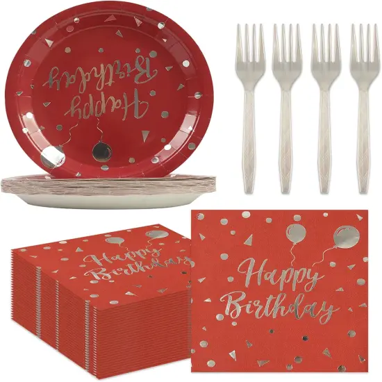 75PCS Happy Birthday Paper Plates Set, Disposable Party Dessert Plates Dinnerware Napkins Plastic Forks Tableware Guests for 2025 New Year Birthday Party Decoration, Serve 25 (Red, 7IN) {1}