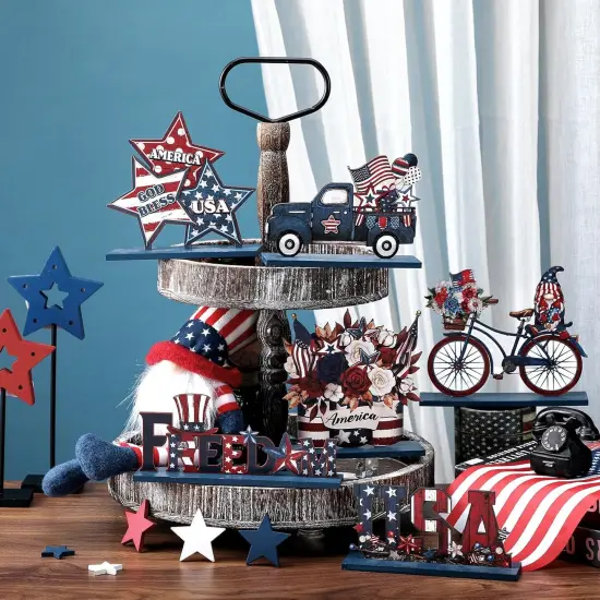 6 Pcs Memorial Day Wooden Table Decor Patriotic Wood Sign Tabletop Centerpiece Rustic USA Star Decorations for Office Desk Farmhouse Home Kitchen Tiered Tray Decor Shelves Table Decorations {2}