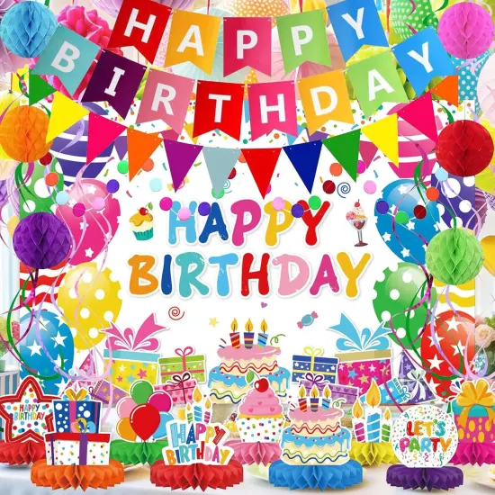 Birthday Decorations Kit, Birthday Party Banner, Honeycomb Balls, Metallic Hanging Swirls, Circle Garland, Colorful Birthday Decorations {4}