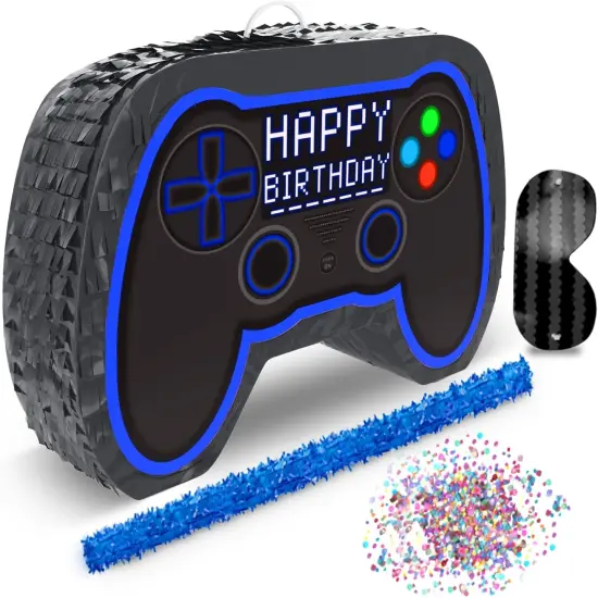 Blue Video Game Controller Piñata (Small Stick Included) 17”x11”x 3” Perfect for Birthday Gamer Parties, Party Decor, Gaming theme parties and other Decorations - By Jergrim {1}