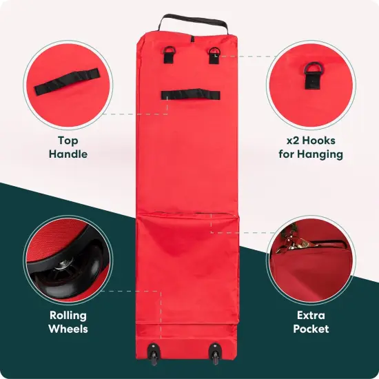 Rolling Tree Storage Bag - For 7.5-Foot Artificial Christmas Holiday Tree. Zippered Bag, Carry Handles and Wheels for Easy Transport, Protects Against Dust, Insects, and Moisture (Red) {5}
