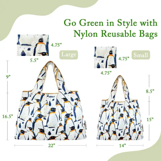 Wrapables Large & Small Foldable Tote Nylon Reusable Grocery Bags, Set of 2, King Penguin {2}
