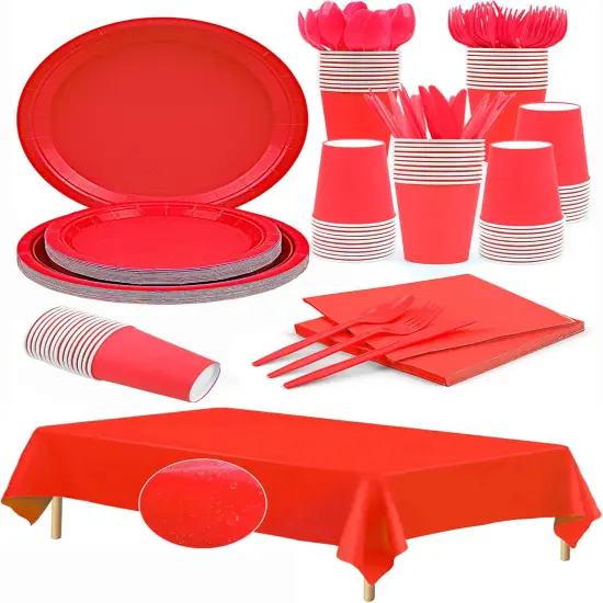 Red Disposable Party Tableware Set - 168pc Premium Paper Plates, Napkins, Forks & Tablecloth for Birthday, Weddings, Celebrations {1}