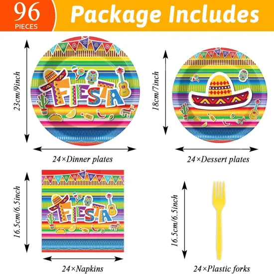 96 Pieces Fiesta Party Decorations Mexican Plates Tableware Set for Cinco De Mayo Party Decorations Supplies Mexican Themed Paper Dessert Plates Napkins Forks for 24 Guests Birthday Party Favors {2}