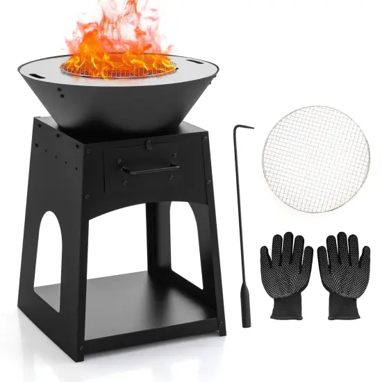 Black Metal Fire Pit with Grill and Ash Drawer and 2-in-1 Heating {1}