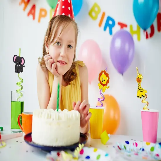 24pcs Forest Animals Crazy Shape Straws, Drink Cocktail Straws for Lion Fox Zebra Giraffe Monkey Safari Birthday Party Supplies Party Favors, Woodland Party Favors with 2 Cleaning Brushes 8 Colors {3}