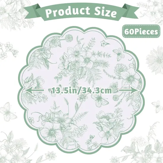 60 Pcs Sage Green Floral Paper Placemats, 13.5 Inch Disposable Scalloped Table Mats Vintage Floral Banquet Place Mats Sage Green Toile Placemat for Table Setting Wedding Bridal Tea Party Supplies {2}
