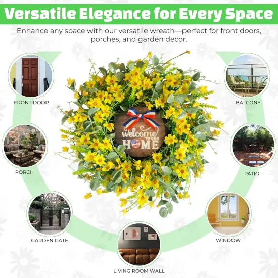 22" Yellow Daisy Wreath with Patriotic Welcome Sign &ndash; Handmade Summer Front Door Wreath with Realistic Silk & Plastic Flowers {4}