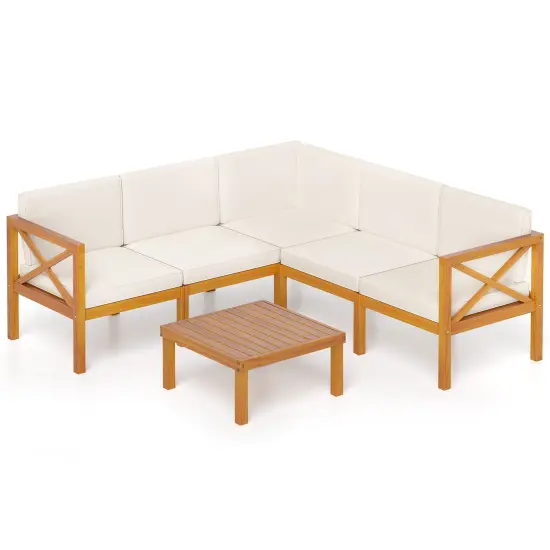Off-White Cushioned Acacia Wood 6-Piece Patio Set, Modular Sectional with Coffee Table {1}