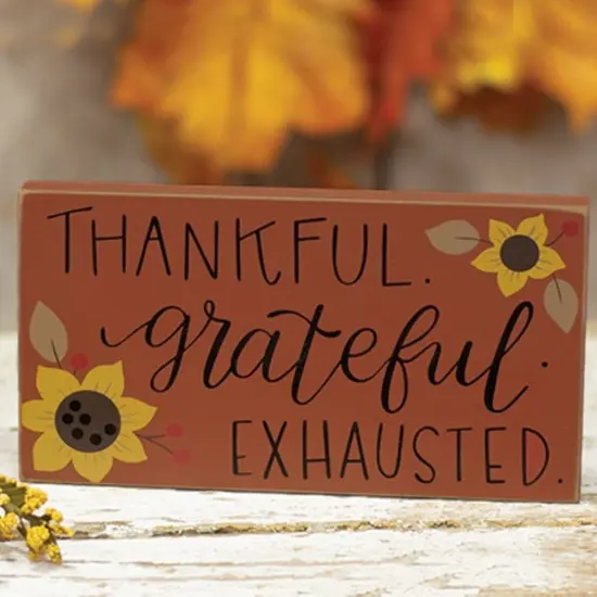 Thankful Grateful Exhausted Wooden Block with Sunflower Design for Home Decor {2}