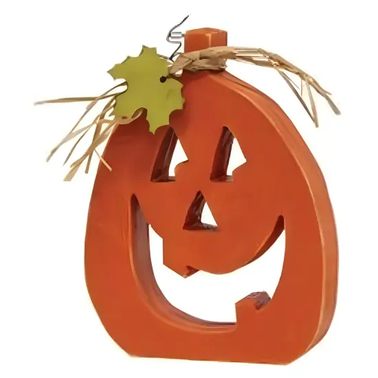 Orange Wooden Pumpkin Sitters Set of 3 with Carved Faces, Raffia, and Leaf Accents {4}