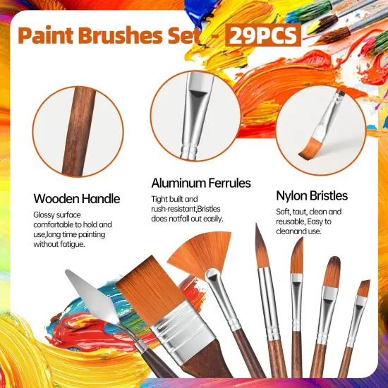 29 pcs Paint Brush Set,GETHPEN Acrylic Paint Brushes,Artist Series with Wide Flat,Round, Filbert, Flat, Fan,Angle,Dagger,Cat Tongue,Detail Brush,Rigger for Oil, {5}