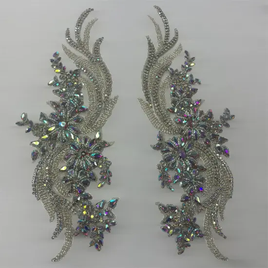 1 Pair 14" x 4" Each Side Crystal Rhinestone Beaded & Corded Lace 100% Polyester Green AB {1}