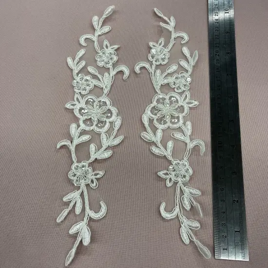 1 Pair Beaded & Corded Lace Applique Embroidered on 100% Polyester Organza 10" x 2" Each Side Ivory / Gold {3}